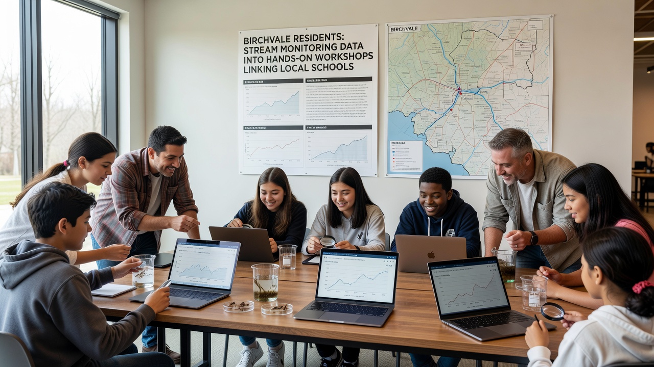 Students participating in a hands-on stream monitoring workshop alongside conservation volunteers