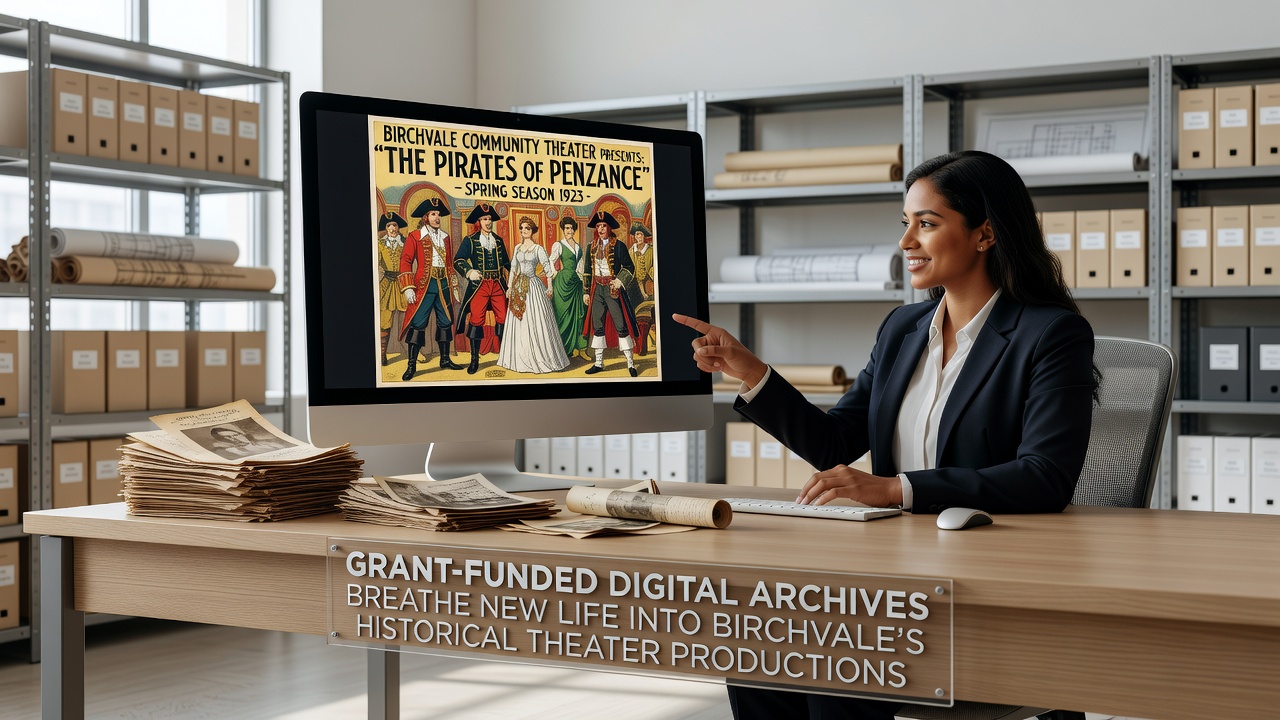 Students examining digitized theater programs on library computers during a classroom visit to the Birchvale archive portal